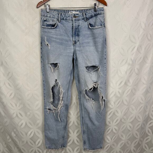 Zara Denim - Zara Super Ripped Baggy Distressed Light Washed Jeans Size 6